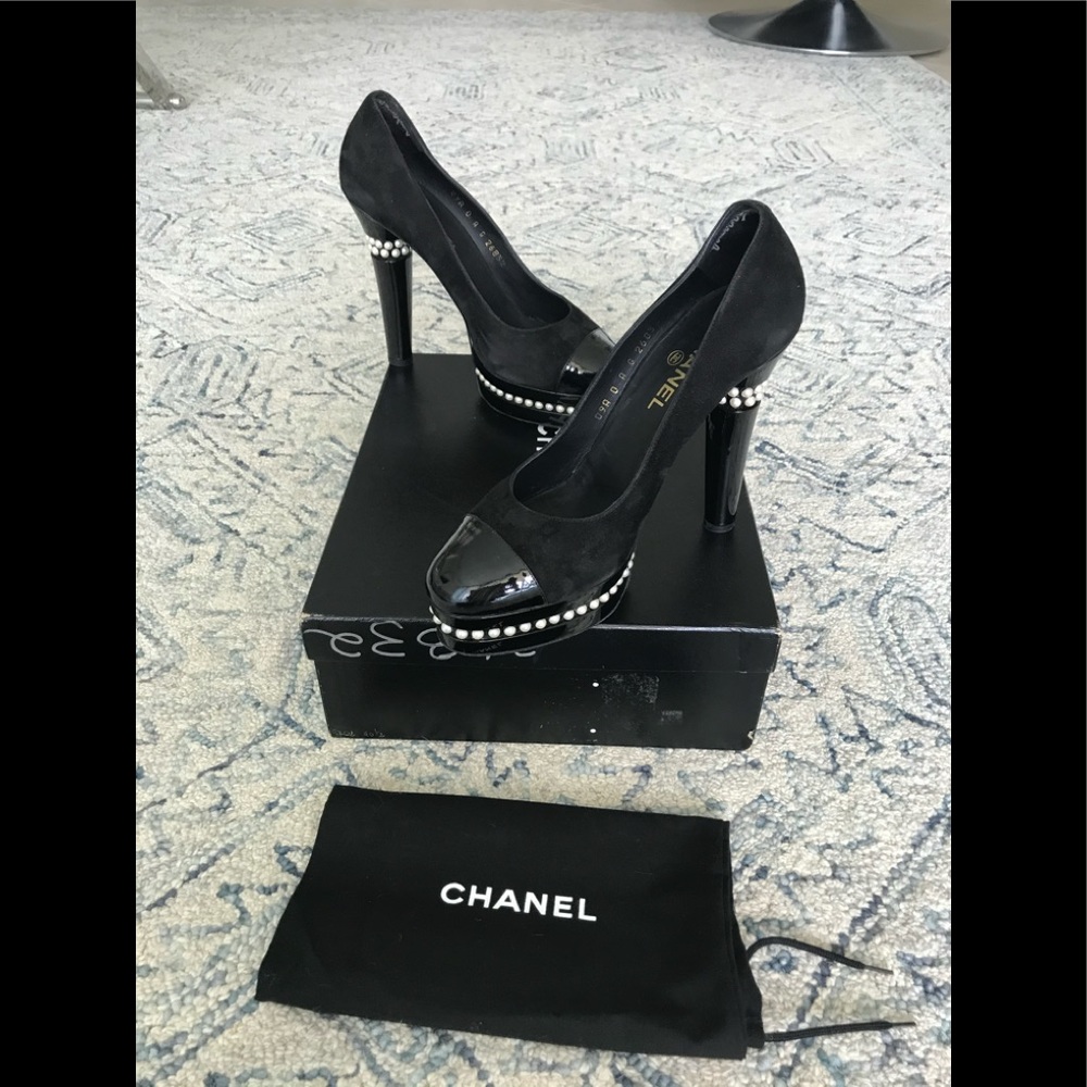 Chanel Black Pearls Platform 5” Heels + Box 40.5